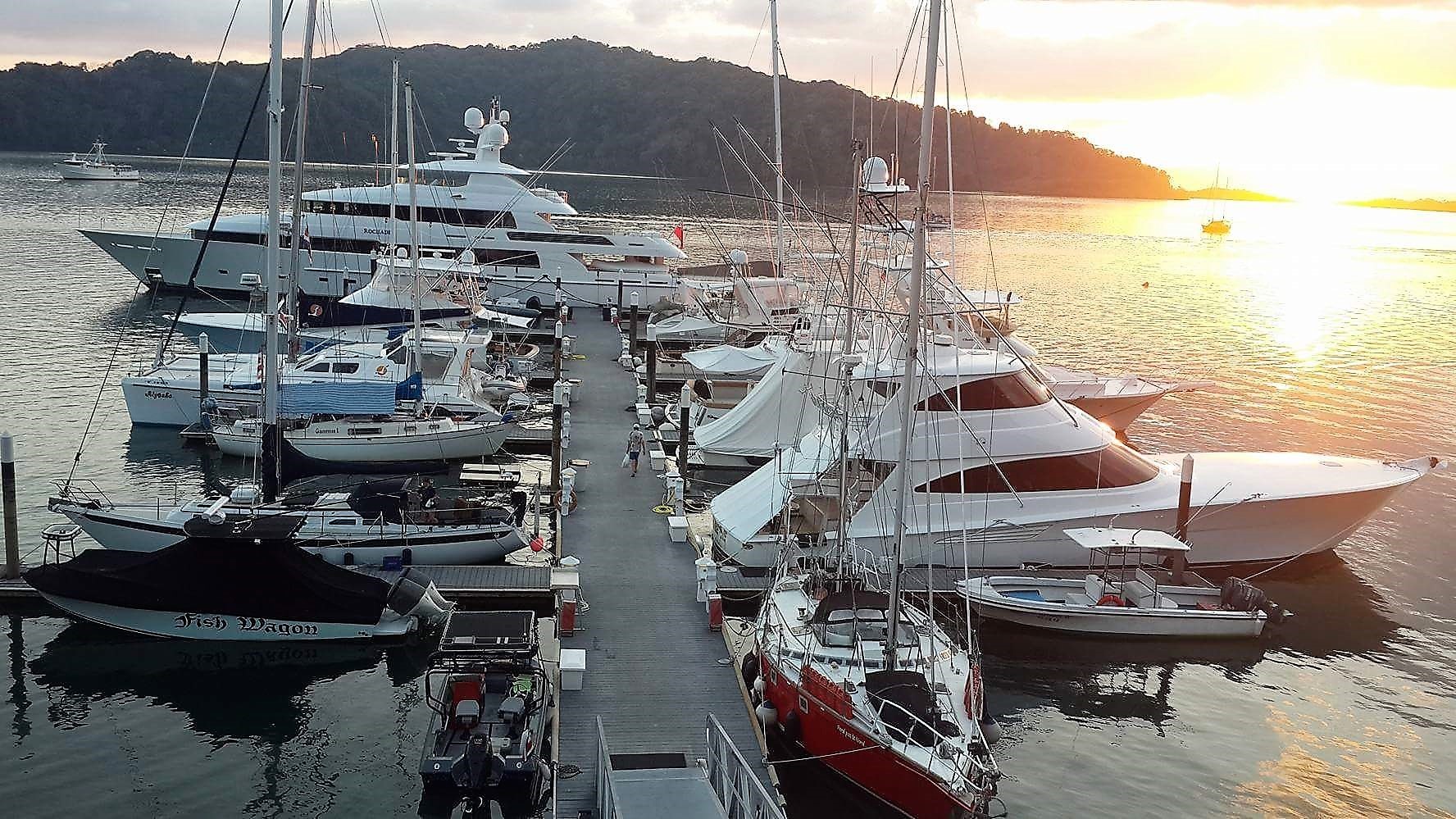 Floating dock system with elastic mooring at remote marina Fish Hook Marina Project