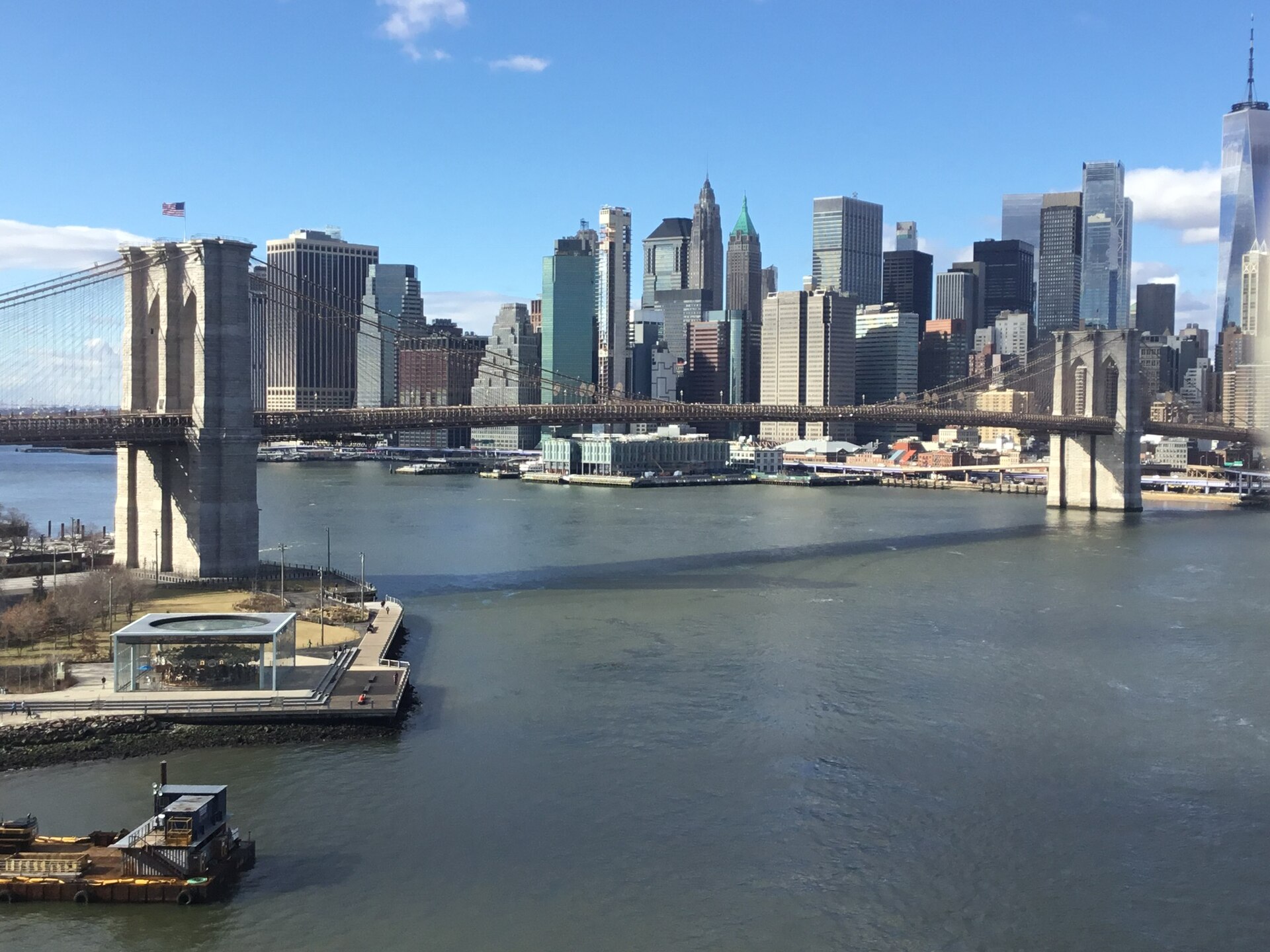 Brooklyn Bridge Marina floating docks with skyline view in New York Harbor
